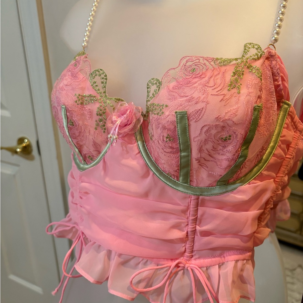 For Love And Lemons Pink and Green Lace Bustier